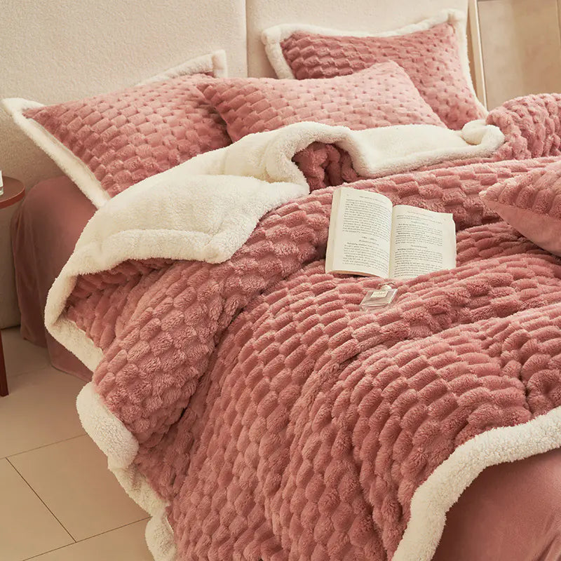 Bed styled with Living Abroad Creations velvet fleece set in Bean Paste Pink
