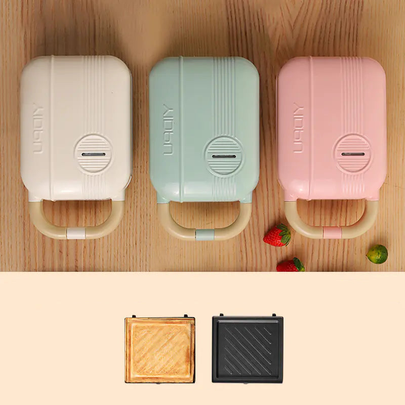 Compact and sleek 3-in-1 Breakfast Maker in white, pink and green - perfect for small kitchens