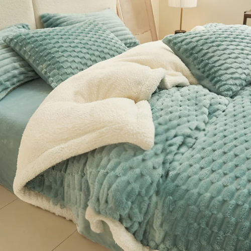 Decorative fleece bedding photographed by Living Abroad Creations in Blue