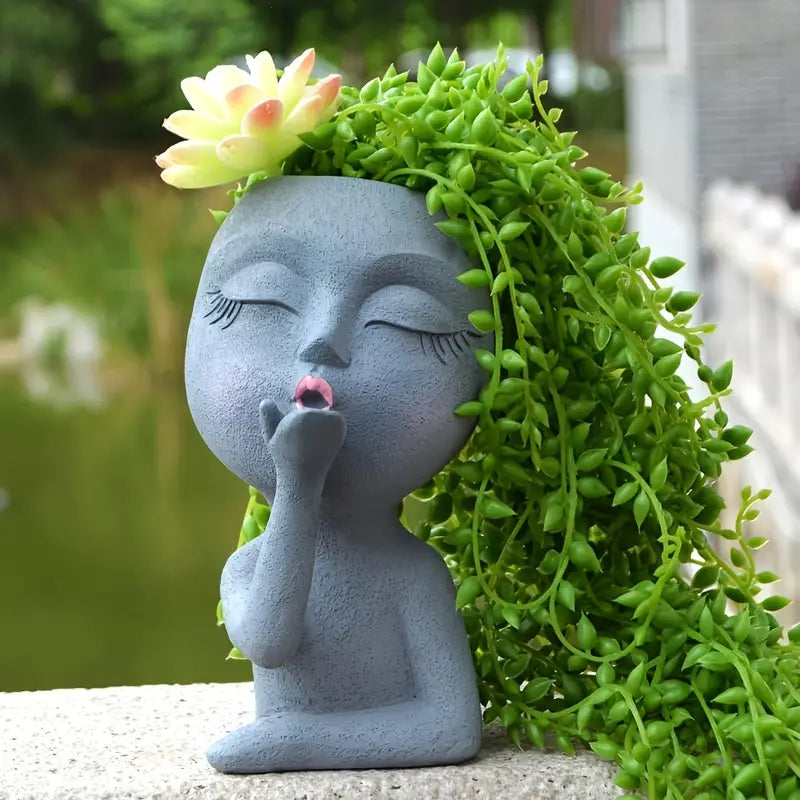 Grey resin girl head flower pot with kiss detail – Living Abroad Creations