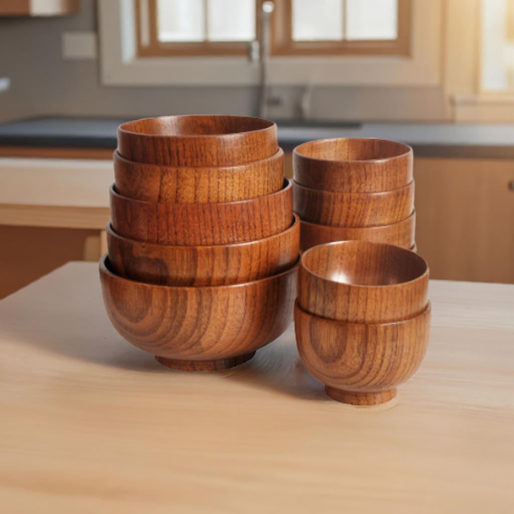 Living Abroad Creations various wooden rice bowls on a table