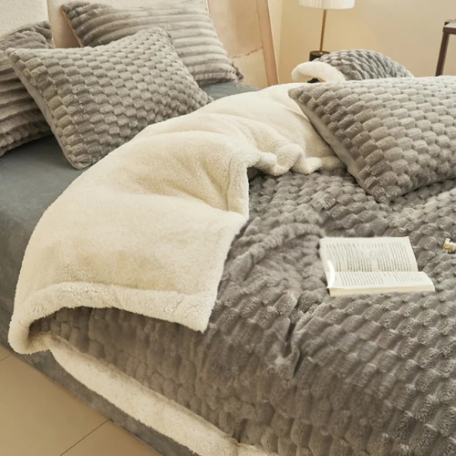 Living Abroad Creations warm bedding in a cozy bedroom setting in Golden Velvet Silver Grey