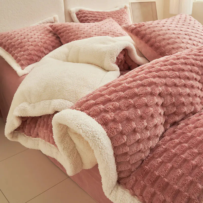 Luxurious fleece winter bedding by Living Abroad Creations in Bean Paste Pink