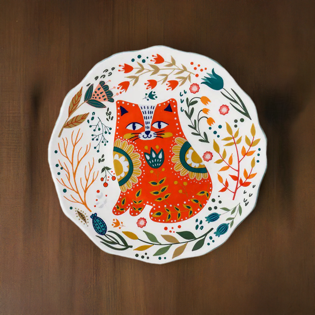 Porcelain cat dish by Living Abroad Creations on dining table