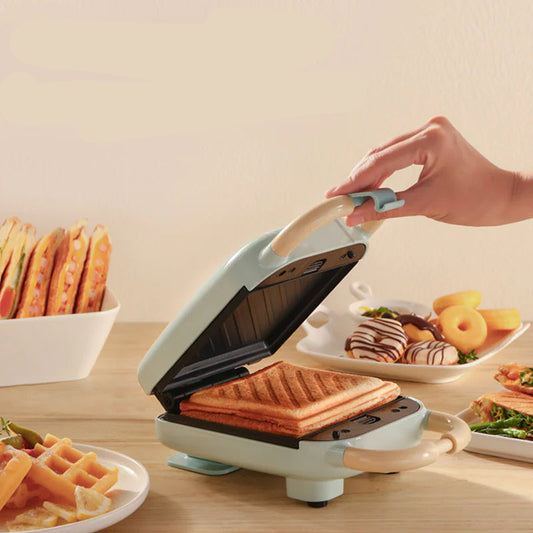 A close-up of a sandwich being made in the Living Abroad Creations 3-in-1 Breakfast Maker
