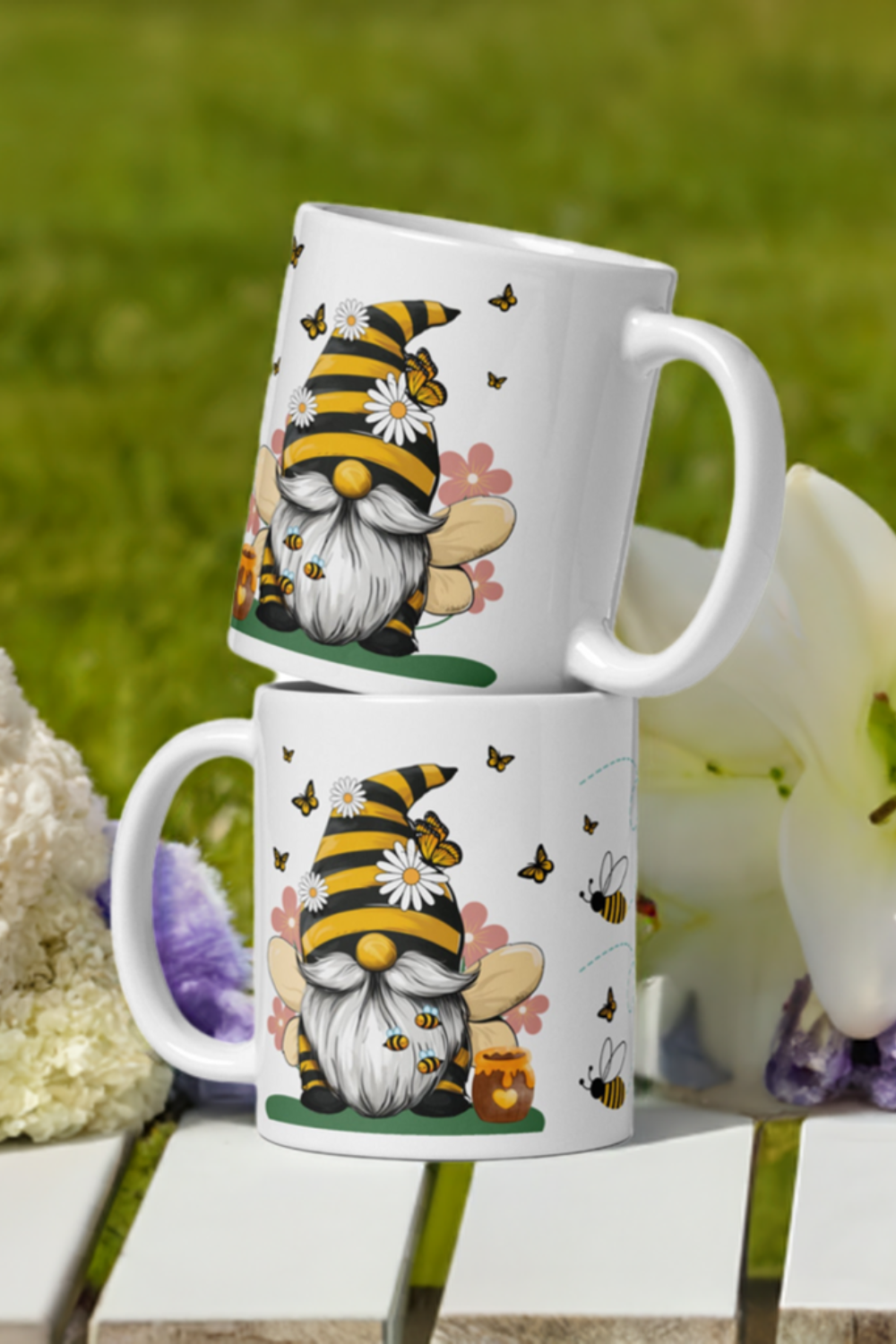 Adorable honeybee and gnome coffee mug by Living Abroad Creations – whimsical butterflies and sweet garden vibes