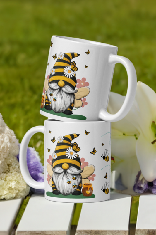 Adorable honeybee and gnome coffee mug by Living Abroad Creations – whimsical butterflies and sweet garden vibes