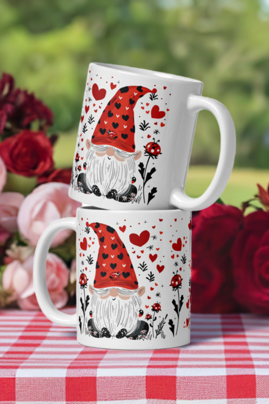 Cute ceramic mug with gnomes and hearts – Living Abroad Creations design for valentinesday lovers