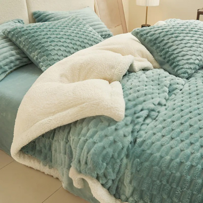 Decorative fleece bedding photographed by Living Abroad Creations in Blue