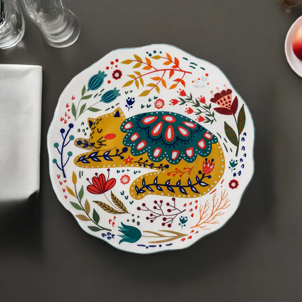 Flat ceramic plate with Lucky Cat art by Living Abroad Creations