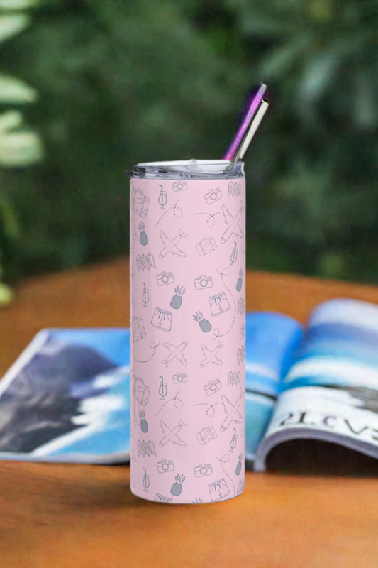 Front view of Living Abroad Creations pink Travel icon stainless steel tumbler – 20 oz metal cup with straw and lid for hot or cold drinks