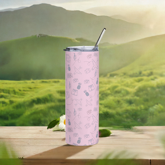 Left side view of Living Abroad Creations pink Travel Icon tumbler – reusable 20 oz stainless steel cup with straw lid for on-the-go use