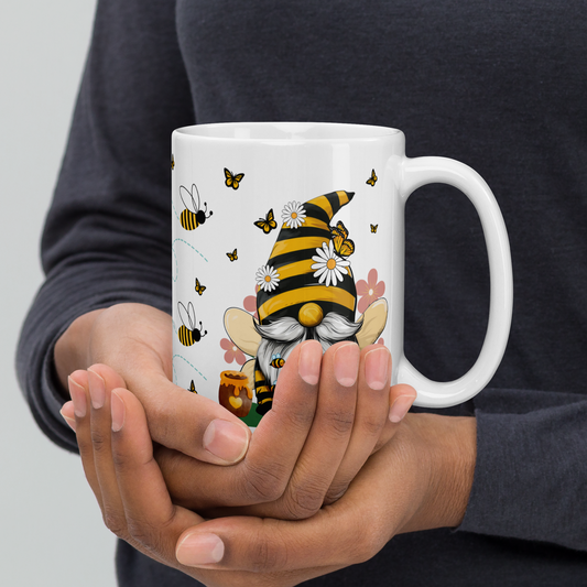 Left view of honeybee gnome mug by Living Abroad Creations – ceramic cup with bees, butterflies, and whimsical gnome design 15oz