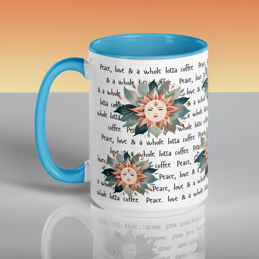 Lifestyle photo of Peace, Love & a Whole Lotta Coffee mug Blue inside 11oz by Living Abroad Creations