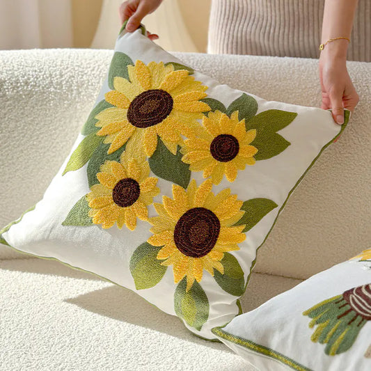 Living Abroad Creations Nordic embroidered sunflower pillow on modern beige sofa