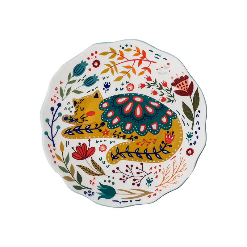 Living Abroad Creations ceramic plate with playful cat illustration Yellow