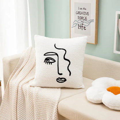 Living Abroad Creations nordic pillow cover detail smiling girl showing threadwork