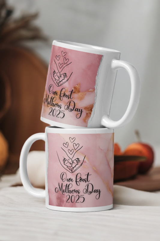 Mother’s Day 2025  marble mug – first-time mom gift idea by Living Abroad Creations front view - Pink